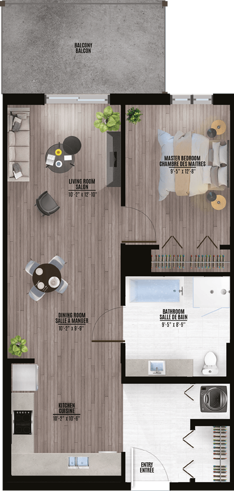 Floor plan for 1 bed, 1 bath, 794 sqft